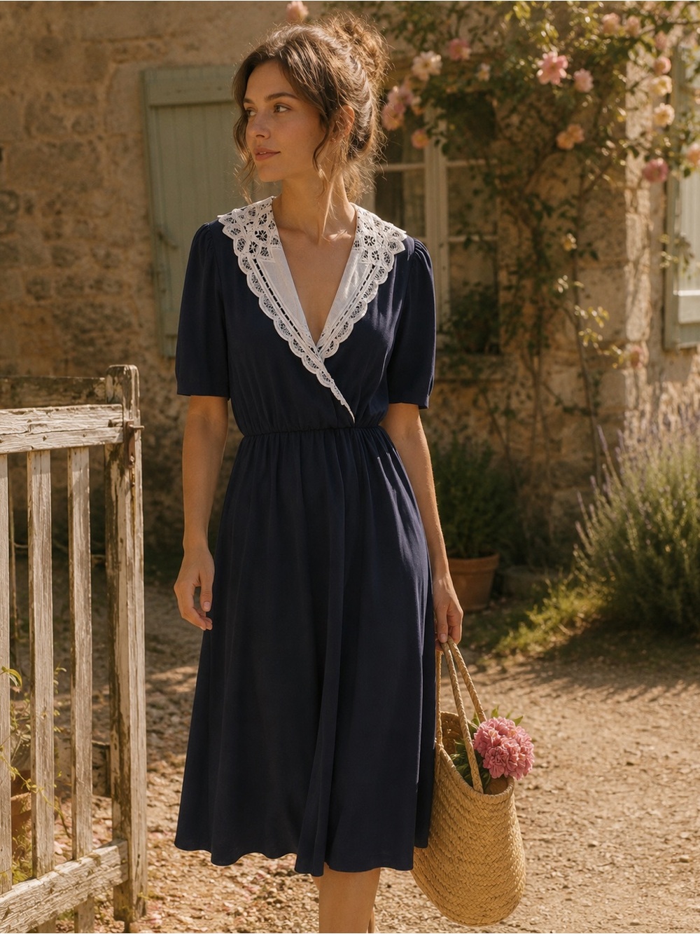 Vintage Navy Dress with Battenberg Lace Collar